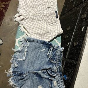 Checkered and Distressed Denim Shorts